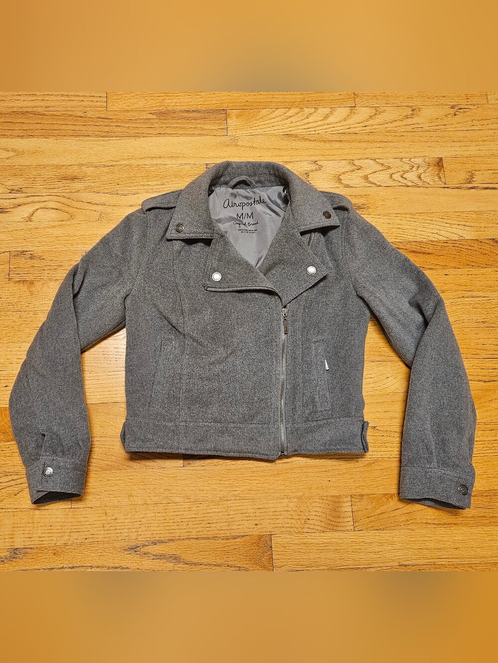 Aeropostale Jacket Juniors Medium Gray Wool Blend Moto Full Zip Lined